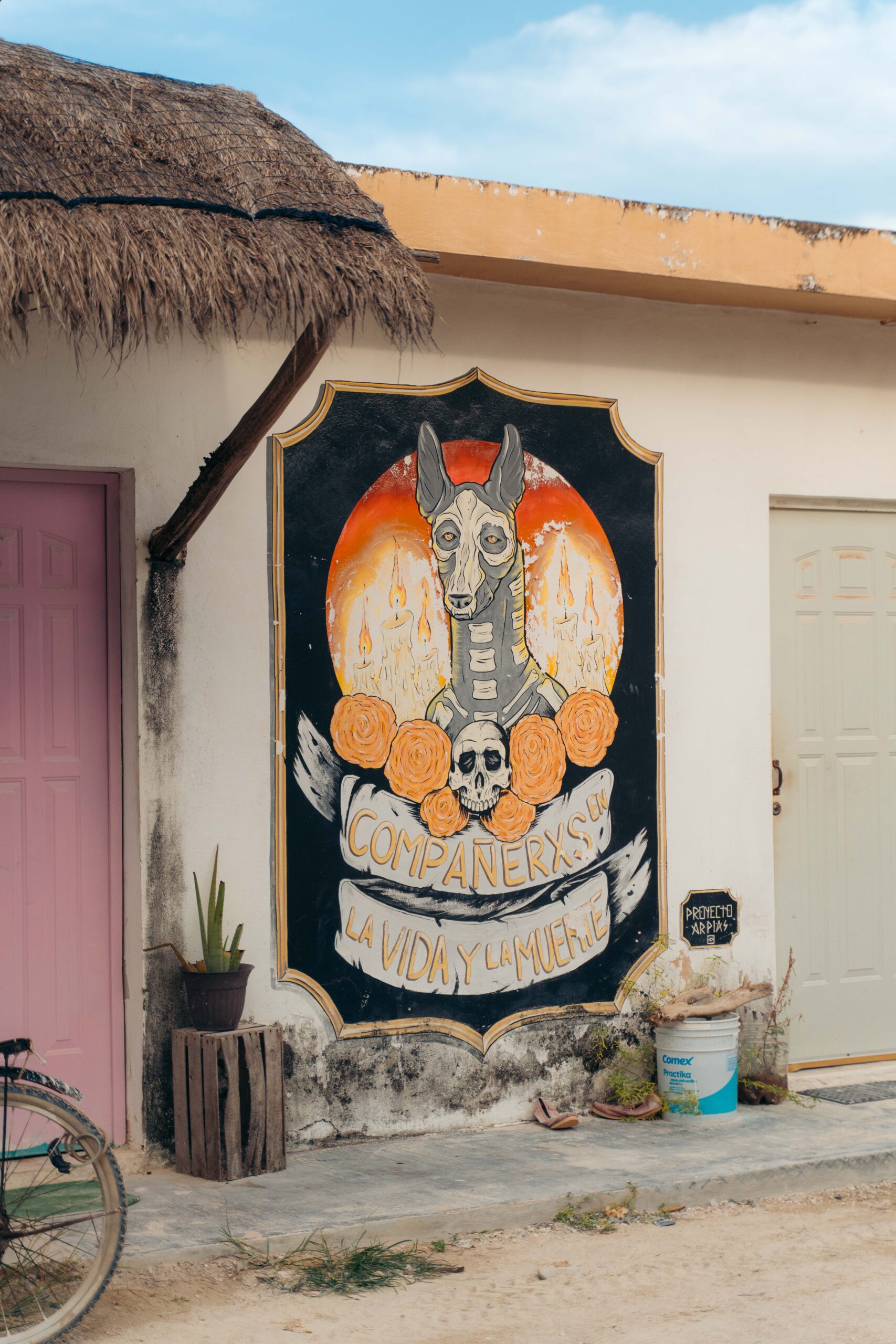 Dog mural symbolizing life and death on Holbox Island.